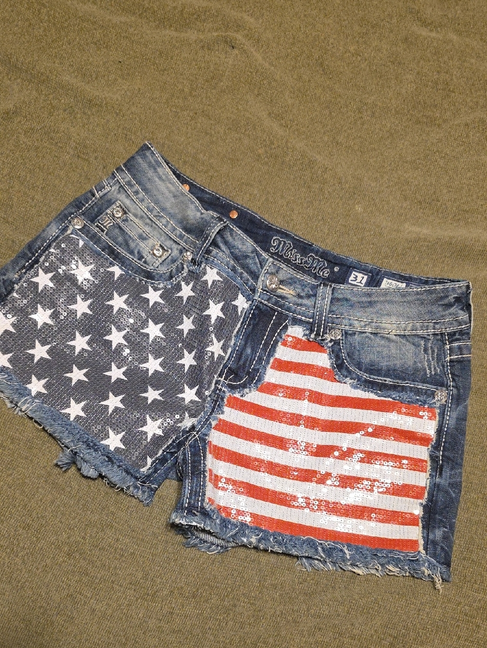 Miss Me Denim Shorts with Red & Blue Sequin Flag Panels